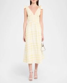 Bow Shoulder Gingham Linen Midi Dress at Neiman Marcus